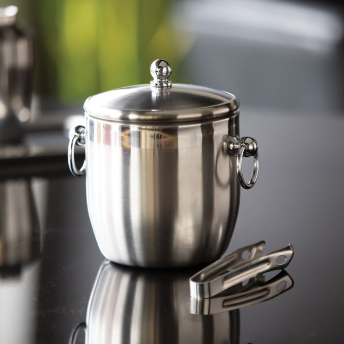 Service Ideas Round Double Wall Ice Bucket with Lid & Tongs, 1.3 L, Stainess Steel - IB13BS