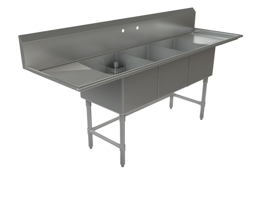 Tarrison | Triple Compartment Corner Drain Sink, Right & Left Drain Board, Stainless Steel