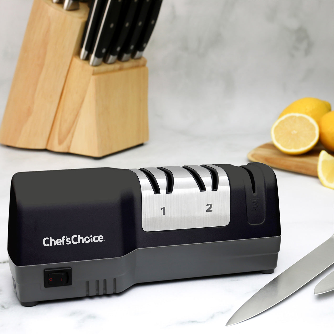 Chef'sChoice | Model 250 Hybrid Electric/Manual Knife Sharpener, 3 Stages, 20 Degree Edges, Black, 120V